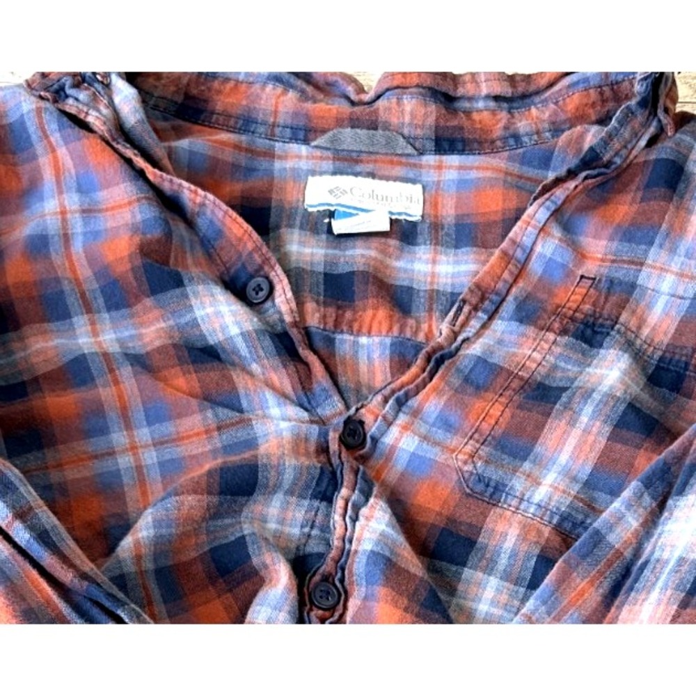Columbia Men's Blue Orange Plaid Flannel Pockets LS Button-Up Shirt MEDIUM